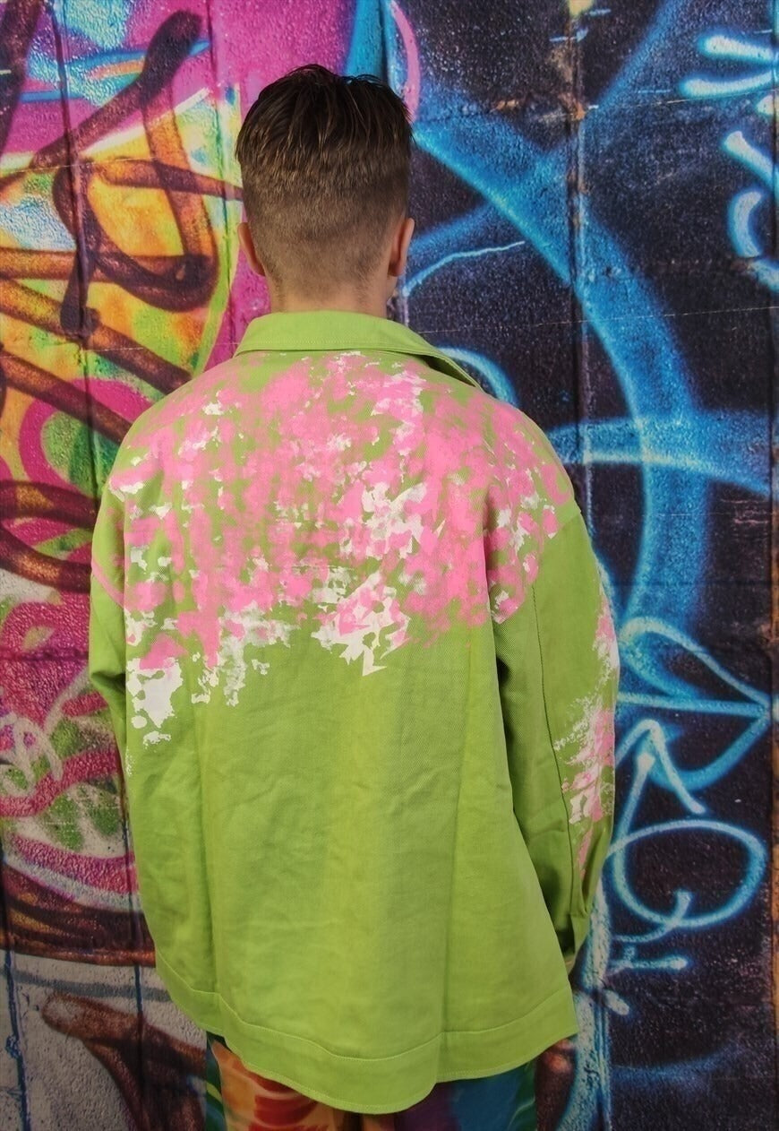 Paint splatter denim jacket fleece patch jean bomber in gree