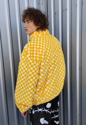 Reversible check fleece jacket handmade chess coat yellow