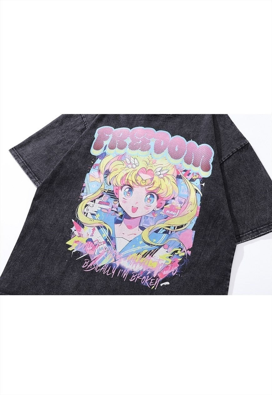 Anime print t-shirt retro Japanese top grey