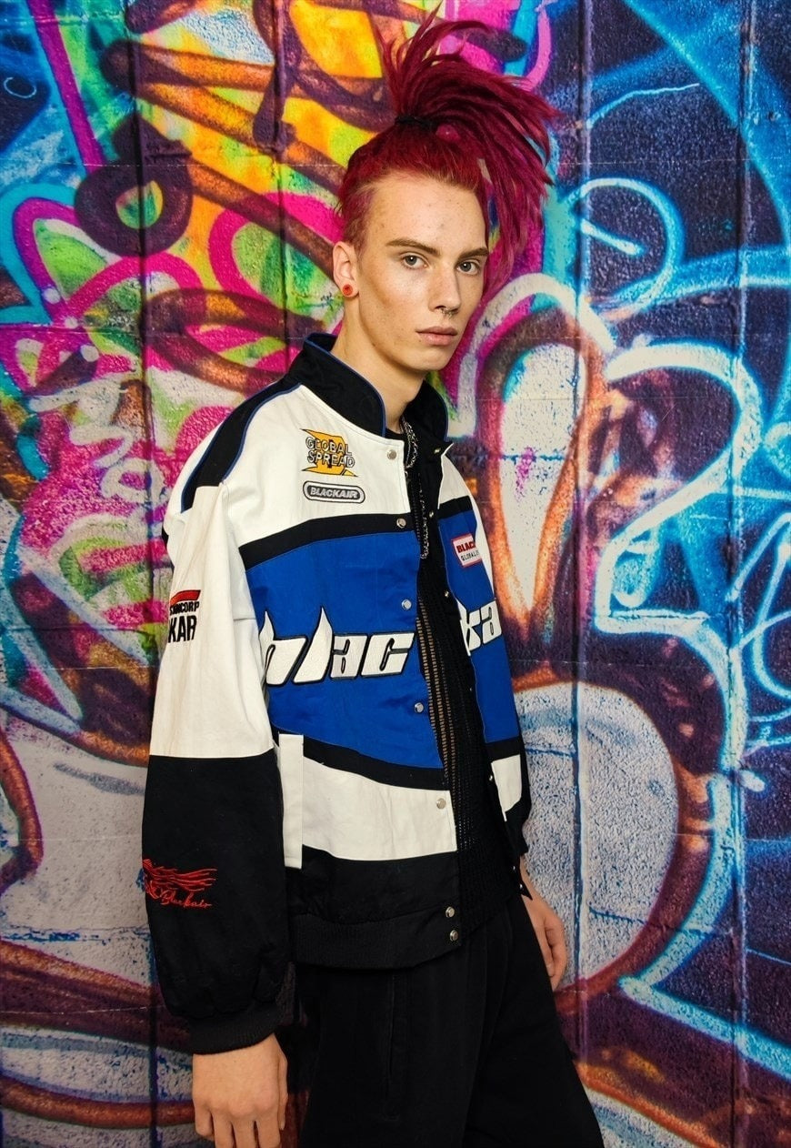 Motorcycle jacket multi patch padded racing bomber in blue