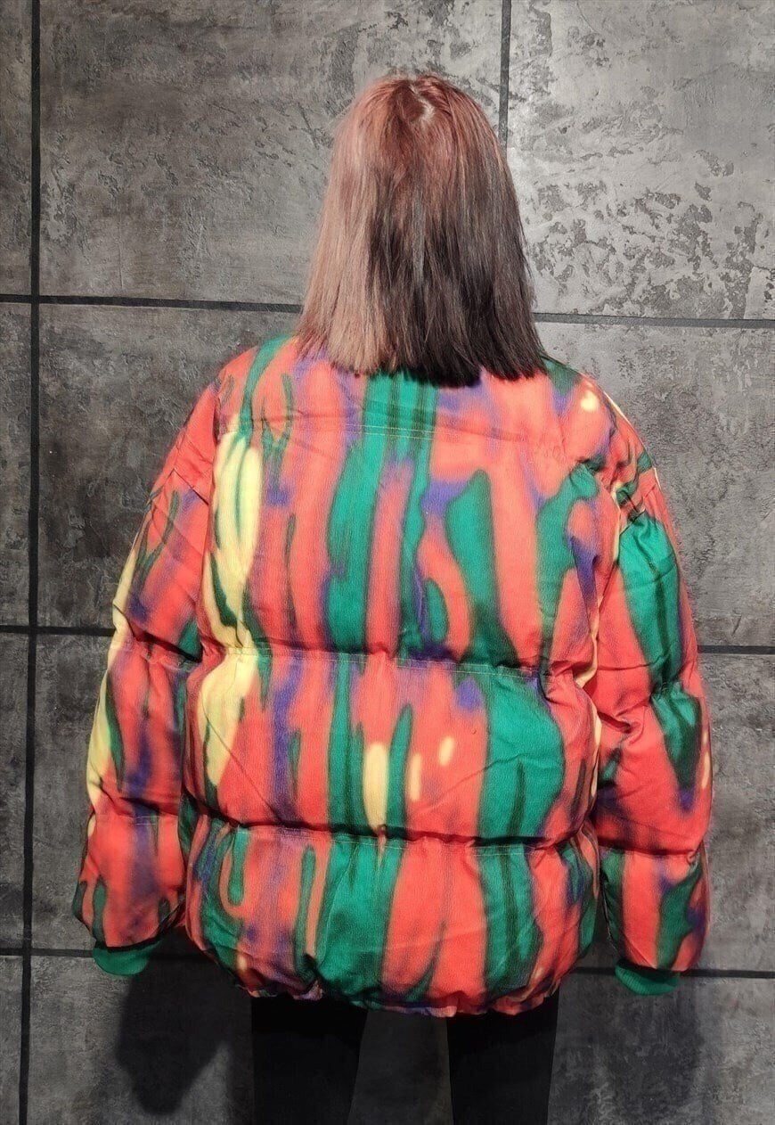 Tie-dye corduroy flame bomber space puffer jacket orange