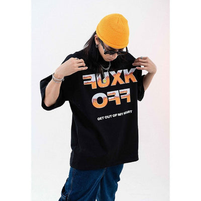 Fuck off t-shirt Y2K retro flame print tee in black