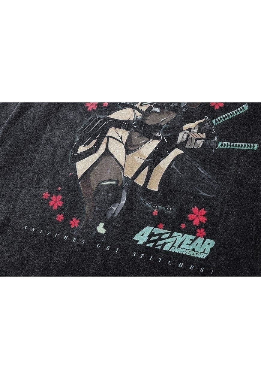 Anime t-shirt cyber Japanese cartoon long tee retro top grey