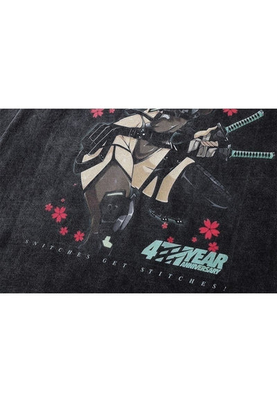 Anime t-shirt cyber Japanese cartoon long tee retro top grey