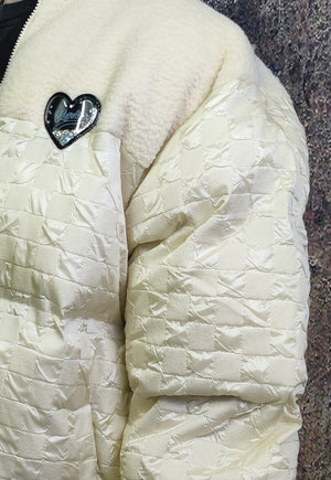 Fleece bomber faux leather puffer shiny heart jacket cream