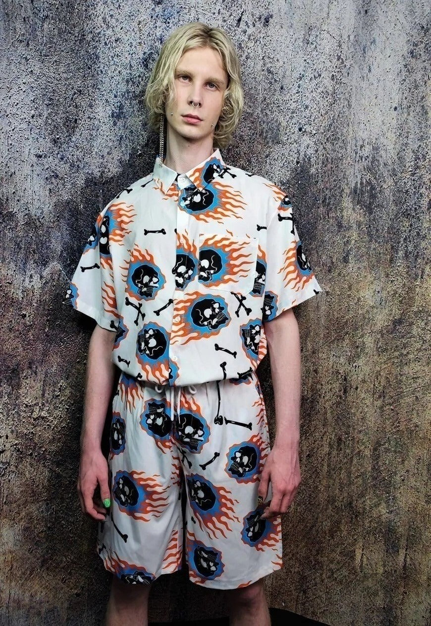 Skull sports set skeleton bones pattern shirt & shorts combo