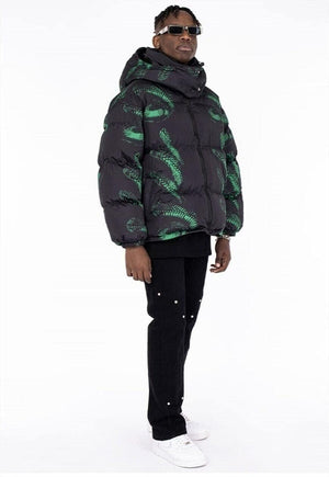 Cobra print bomber jacket Snake high neck puffer in black