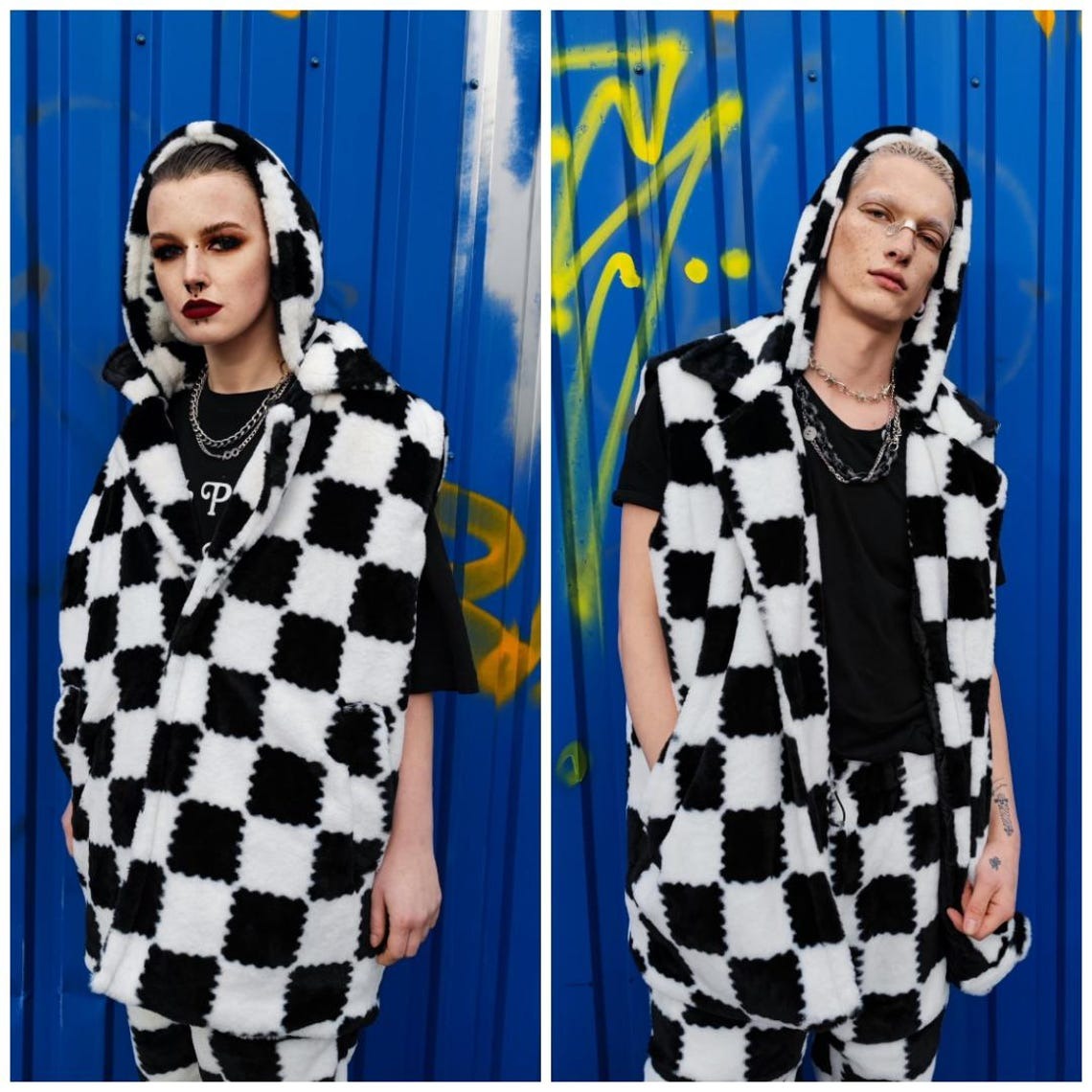 Checked trench coat faux fur white black overcoat plaid jacket SKA bomber detachable sleeves handmade rave puffer festival Coachella fleece
