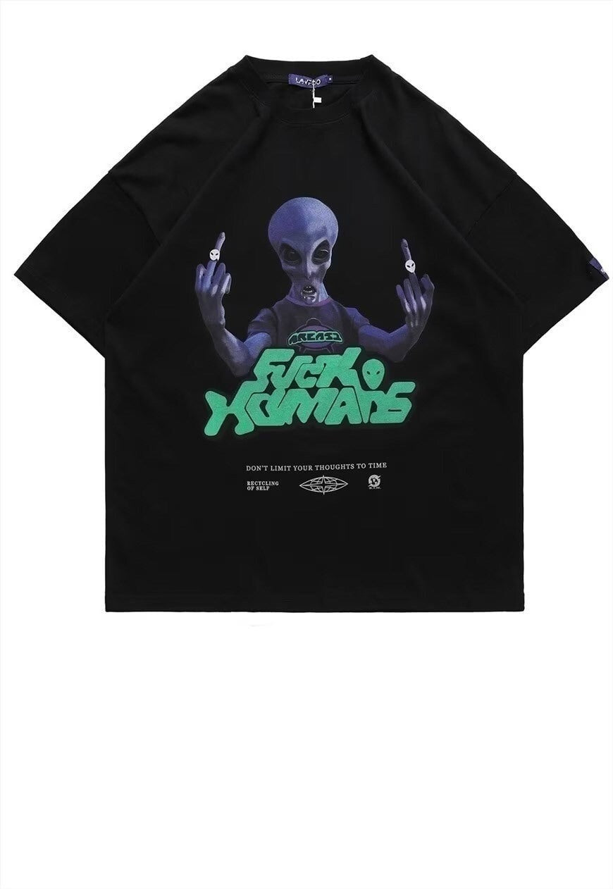 Alien print t-shirt Cyber tee retro UFO top in Black