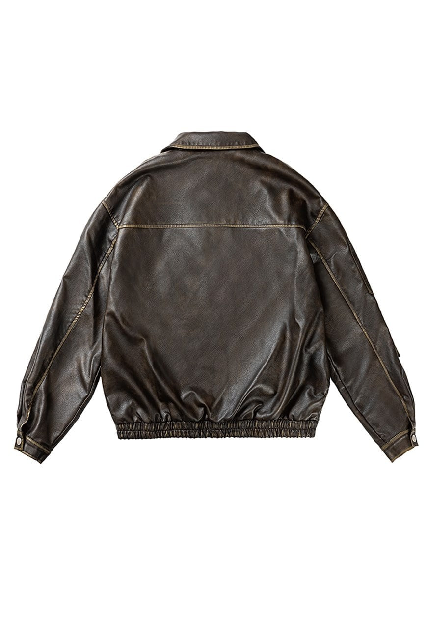 Faux leather aviator jacket brown vintage wash varsity
