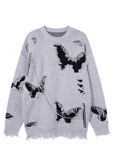 Ripped gothic sweater shredded butterfly pattern jumper grey