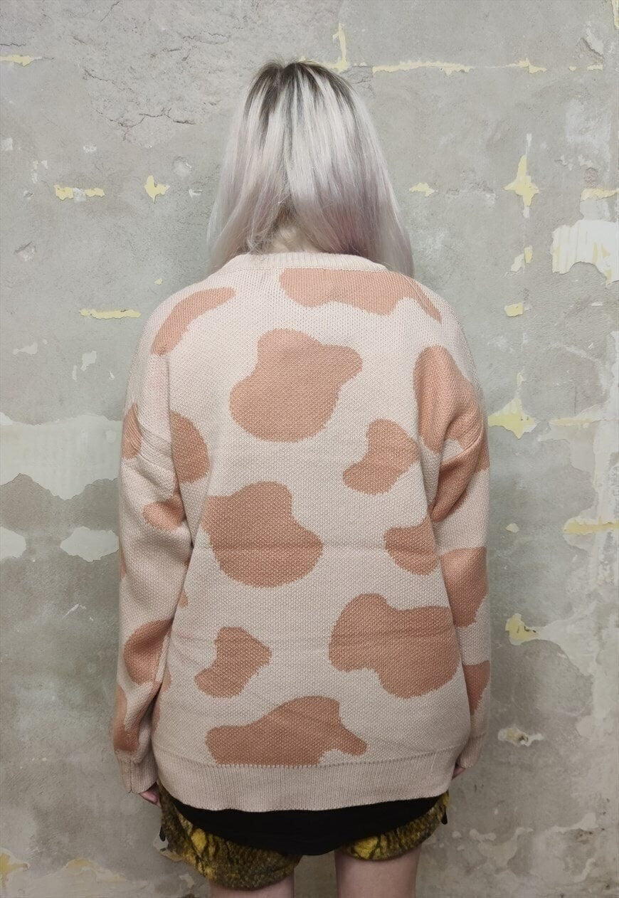 Cow sweater animal print top dot pattern jumper pastel pink