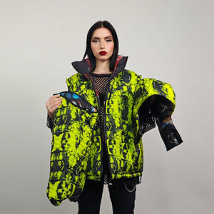 Horror fan jacket creepy print bomber green reversible punk college varsity detachable sleeves handmade gothic puffer hooded festival coat