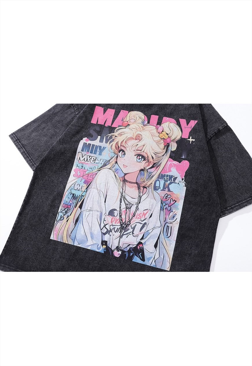Anime print t-shirt  retro Japanese top grey