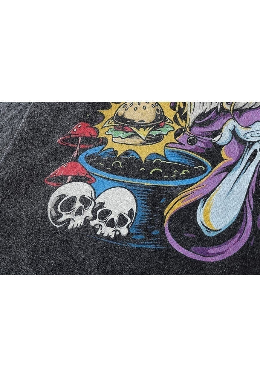 Wizard t-shirt grunge burger print long tee retro top in grey