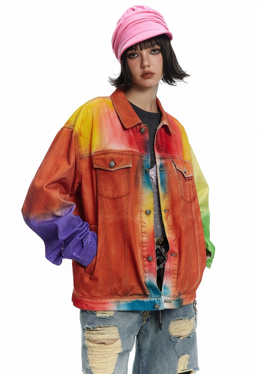 Rainbow denim jacket graffiti jean bomber unicorn coat