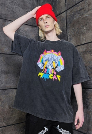 Rainbow t-shirt vintage wash punk cat tee kitten top black