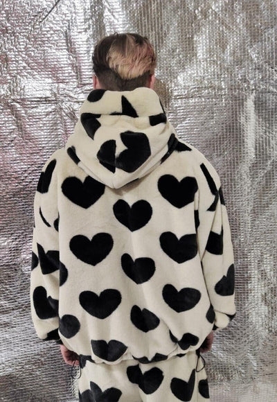 Heart fleece jacket handmade fauxfur heart hood bomber cream