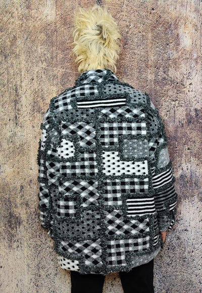 Patched woollen shirt jacket retro check bomber fluffy coat