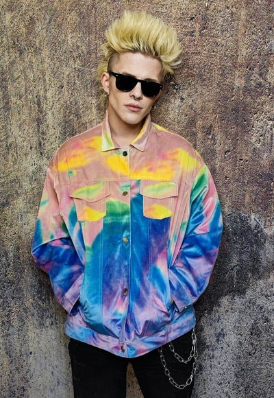 Rainbow jacket abstract print velvet bomber soft coat pink