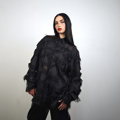 Sheer fluffy shirt black transparent shaggy blouse long sleeve gothic mesh jumper edgy romantic top retro 00s see-though fuzzy pullover