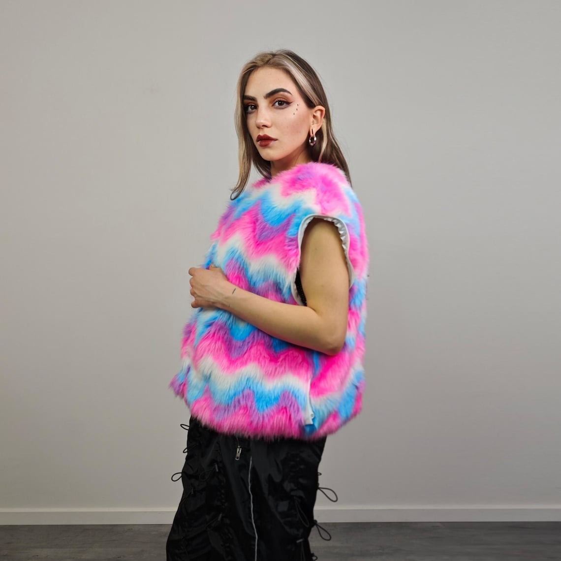 Pink faux fur coat short striped collarless jacket unicorn trench fluffy detachable sleeves handmade festival overcoat burning man fleece