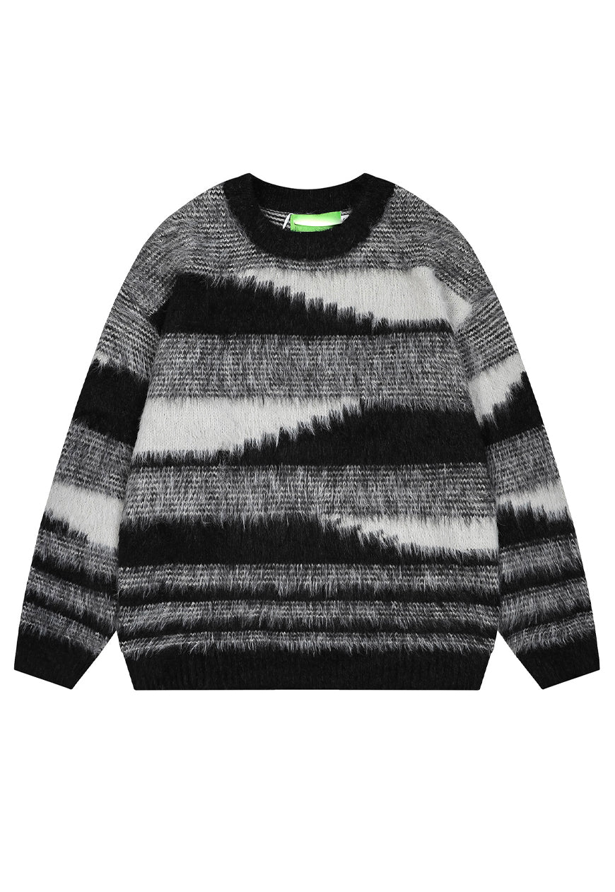 Fluffy geometric sweater black striped hairy fuzzy jumper