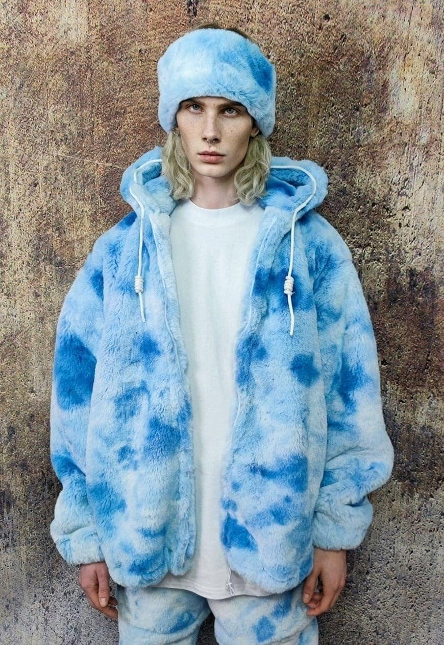 Tie-dye fleece jacket detachable faux fur fest bomber blue