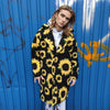 Floral fleece coat sunflower trench daisy pattern overcoat yellow rave bomber festival party jacket custom peacoat in yellow black