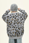 Fluffy leopard cardigan animal print fuzzy jumper in grey