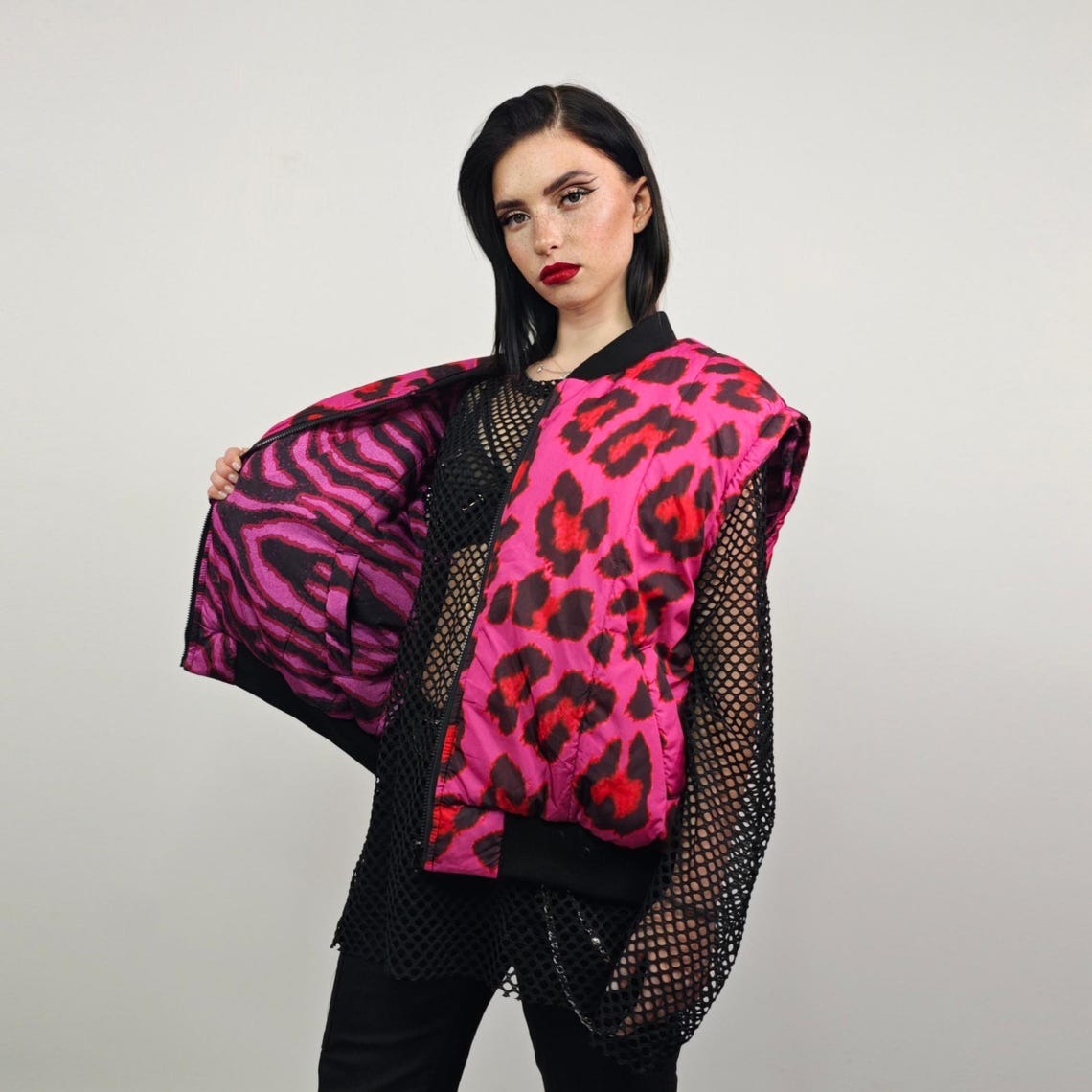 Leopard jacket neon pink animal print bomber reversible cheetah college varsity detachable sleeves handmade rave puffer grunge festival coat