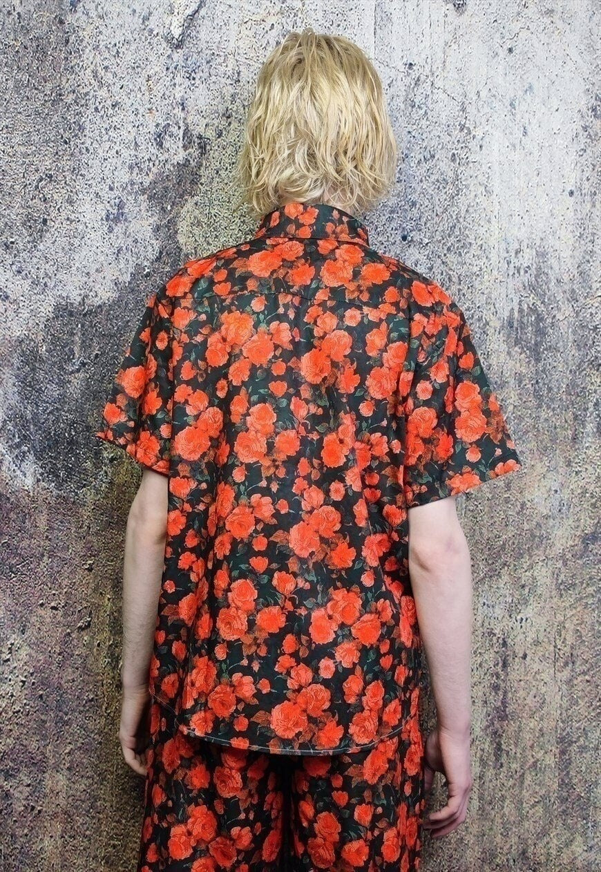 Rose shirt floral print short sleeve top in red black