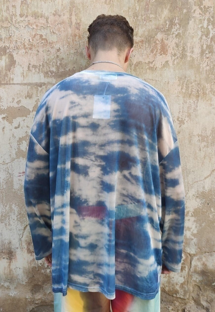 Transparent mesh top see-through tie-dye grunge t-shirt blue