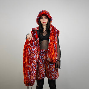 Leopard faux fur coat red neon animal print festival jacket long furry overcoat jaguar bomber hooded lynx peacoat festival trench oversize