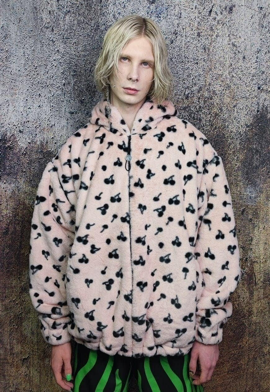 Floral fleece jacket handmade detachable fluffy puffer pink