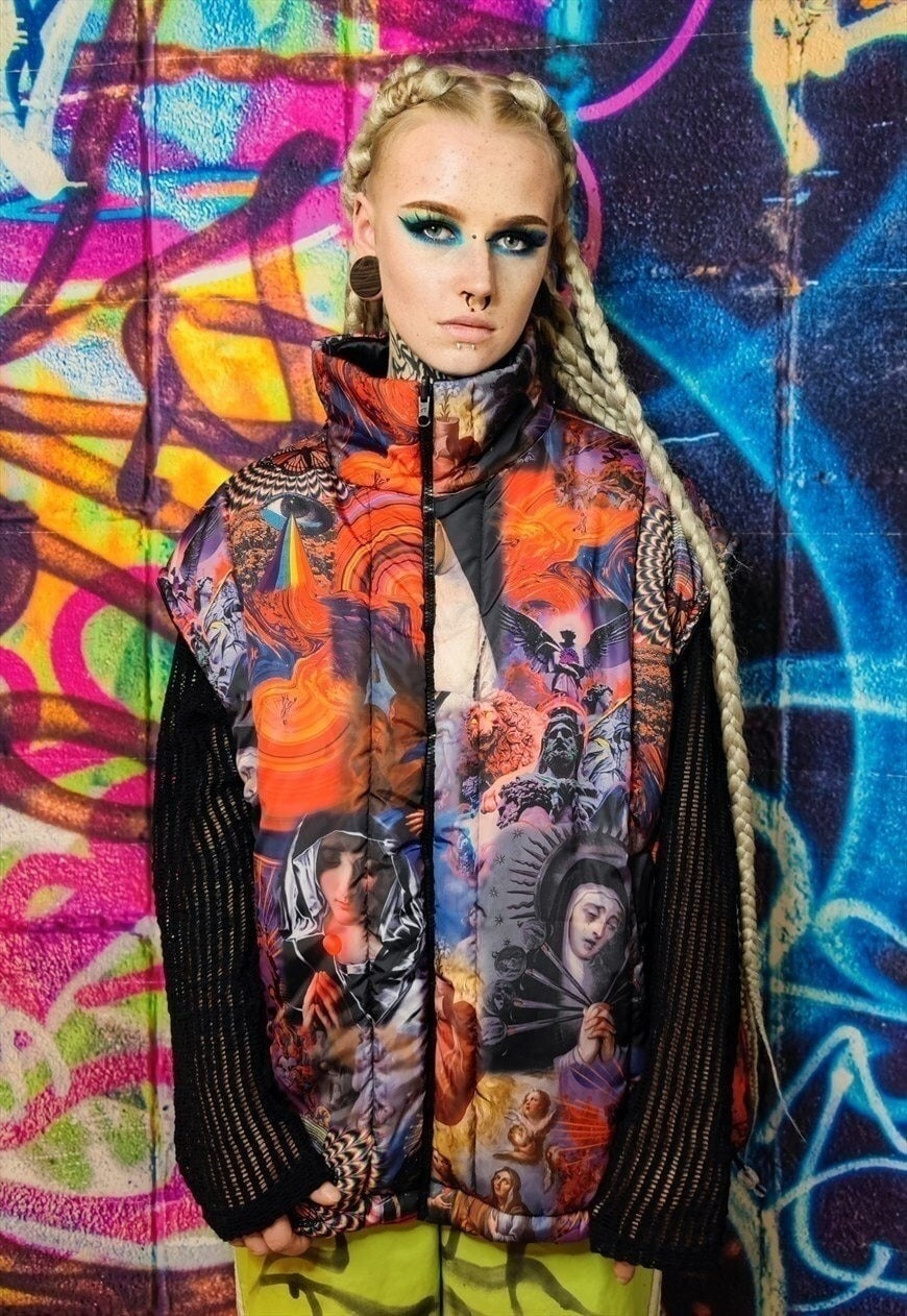Psychedelic bomber jacket detachable raver puffer in rainbow