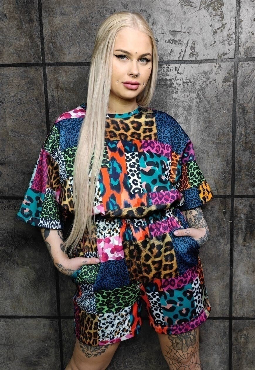 Leopard shorts handmade animal print overalls in blue brown