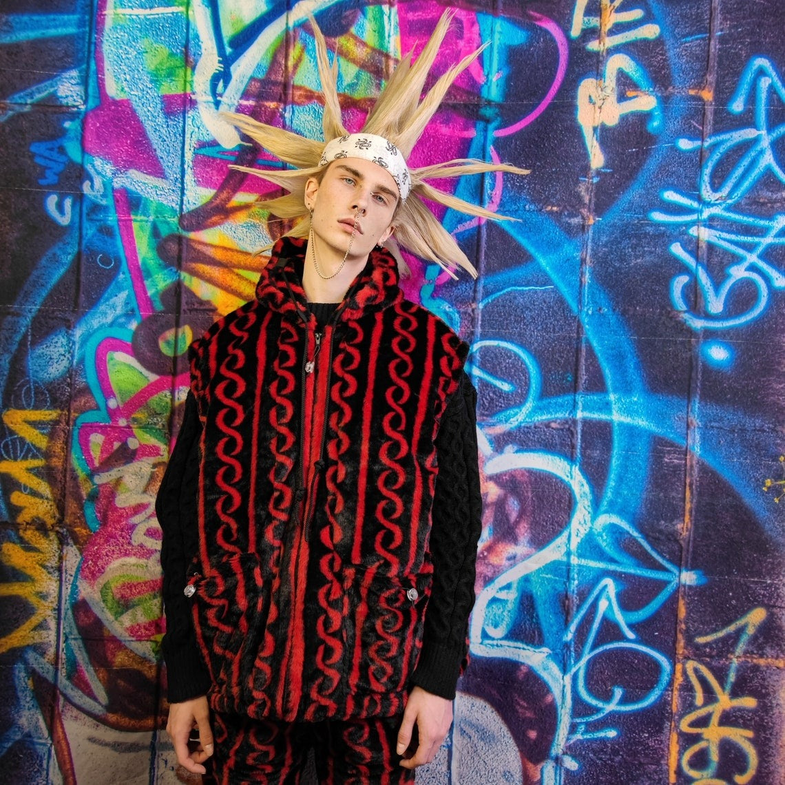 Geometric fleece jacket handmade detachable fluffy bomber faux fur Arabic pattern premium check coat in monochrome red and black