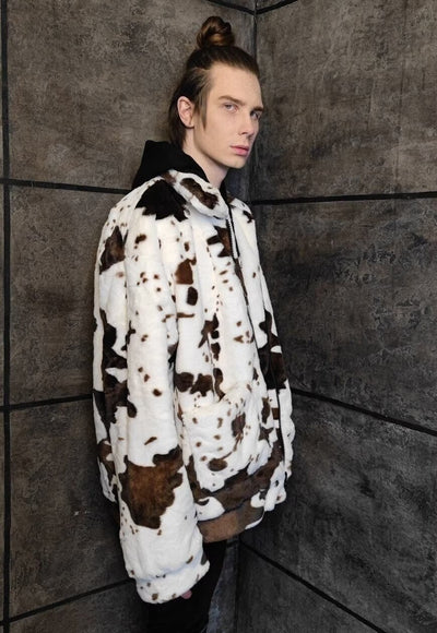 Cow fleece jacket faux fur fluffy animal print bomber brown