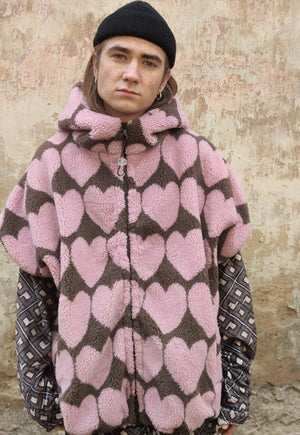 Heart fleece Bomber handmade detachable love jacket pink