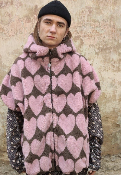 Heart fleece Bomber handmade detachable love jacket pink