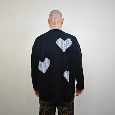 Heart sweater ripped punk jumper distressed love emoji top knitted grunge pullover distressed 00s style shredded knitwear in black blue