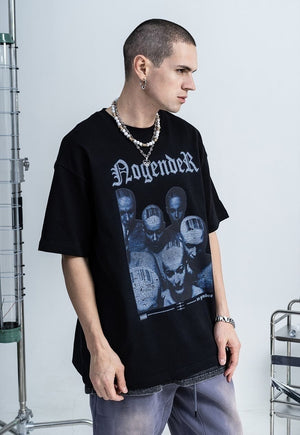 Skinhead print t-shirt punk top Gothic barcode tee in black