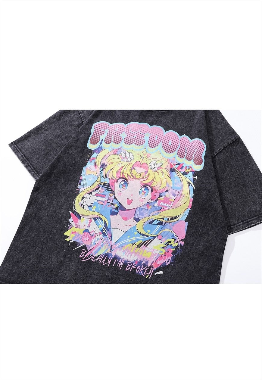Anime print t-shirt  retro Japanese top grey