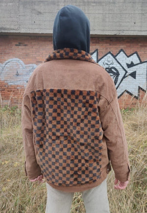 Reworked velvet jacket SKA check fleece patch bomber brown