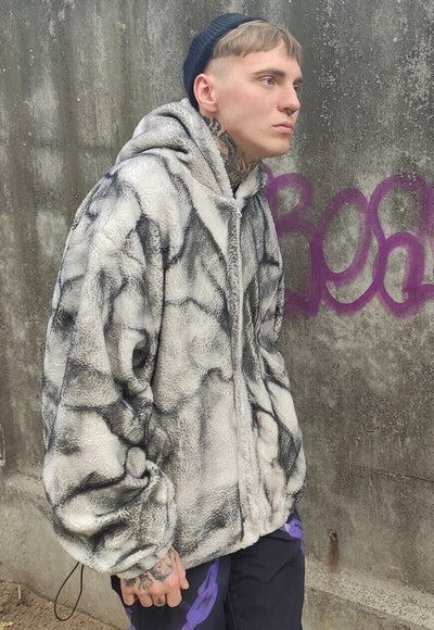 Rough bleach fleece hoodie washed out faux fur jacket grey