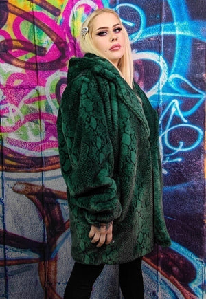 Python fleece coat handmade snake faux fur jacket in green