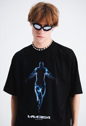 Cyber woman t-shirt Y2K print tee retro futuristic top black