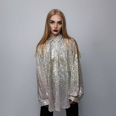 Sequin shirt glitter blouse shiny jumper long sleeve textured top embellished sweat party top button up retro festival top metallic silver