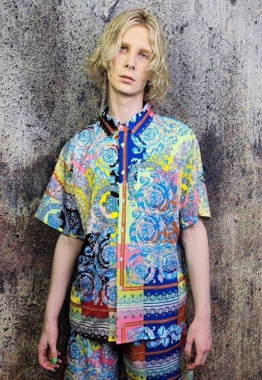 Fluorescent sports set floral pattern shirt & shorts combo